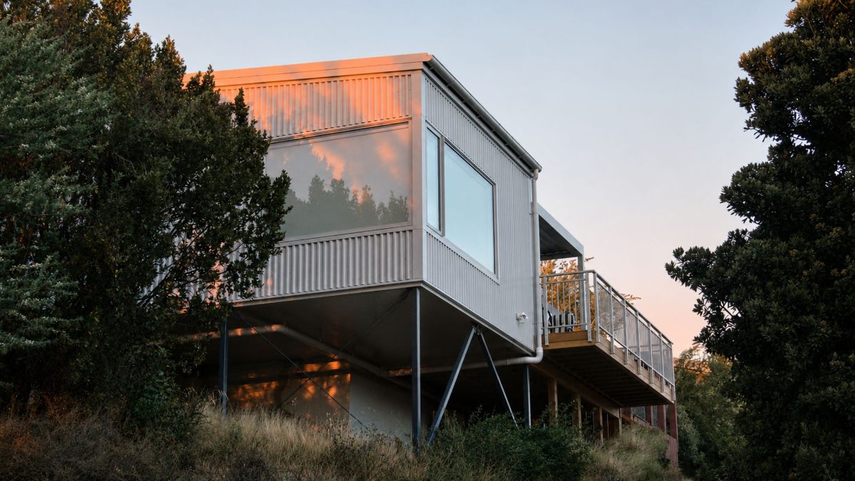 The Huntsbury Treehouse addition at dawn, clad in corrugated steel and raised on slender columns among the trees
